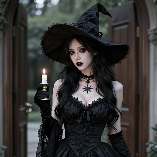 Photograph of a pale, gothic woman with black lipstick, long hair, witch hat, lace corset, holding a candle, star necklace,