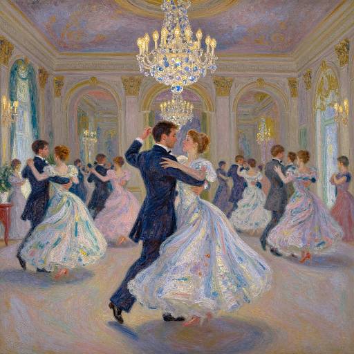 Impressionist painting of a ballroom dance, featuring a couple in the foreground, surrounded by elegantly dressed dancers, under a grand crystal chandelier