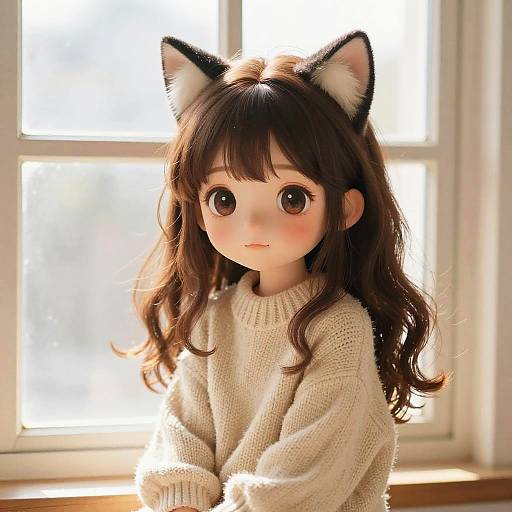 Digital anime-style drawing of a cute, young girl with large brown eyes, black cat ears, and long brown hair, wearing a white knitted sweater