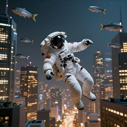 Photorealistic CGI: Astronaut in white spacesuit floats in mid-air above a glowing, fish-filled cityscape at night, with skyscrapers