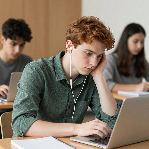 Focused Student with Headphones in Study