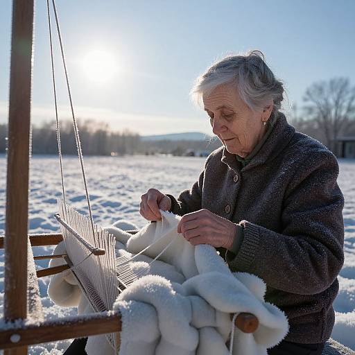 Photograph of an elderly white woman with gray hair knitting thick, white wool on a loom in a snowy field, wearing a dark wool coat,