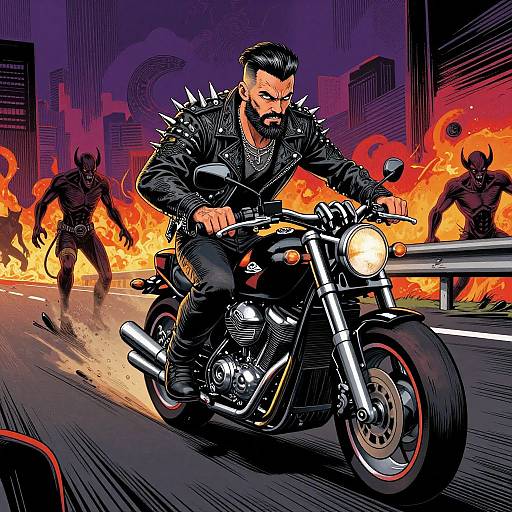 Comic-style digital art: muscular bearded man with spiked leather jacket riding black motorcycle, pursued by demonic figures amidst fiery urban chaos.