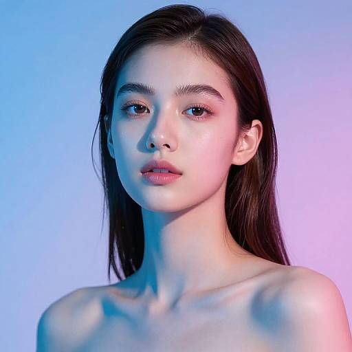 Photograph of a young Asian woman with fair skin, straight black hair, and bare shoulders, against a gradient blue-purple background. She has soft features