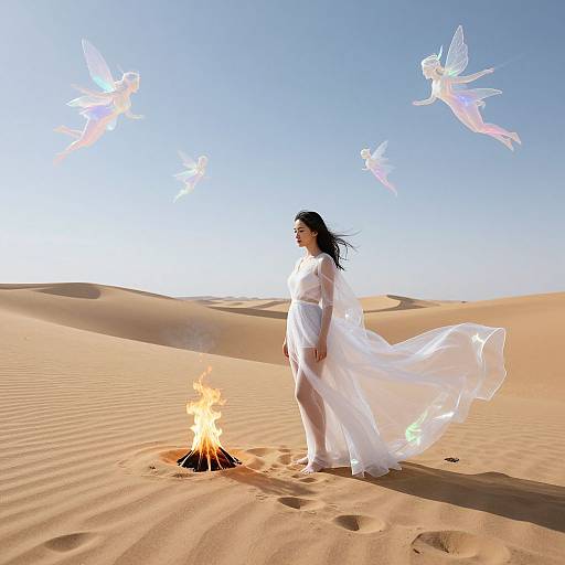 A woman in a flowing white dress stands by a fire in a desert, surrounded by ethereal, glowing fairy-like creatures. Bright blue sky, golden