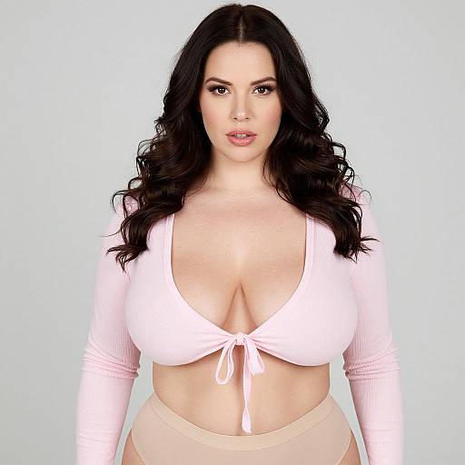 Photograph of a plus-sized woman with fair skin, long wavy black hair, wearing a white, tied-front, long-sleeve crop top