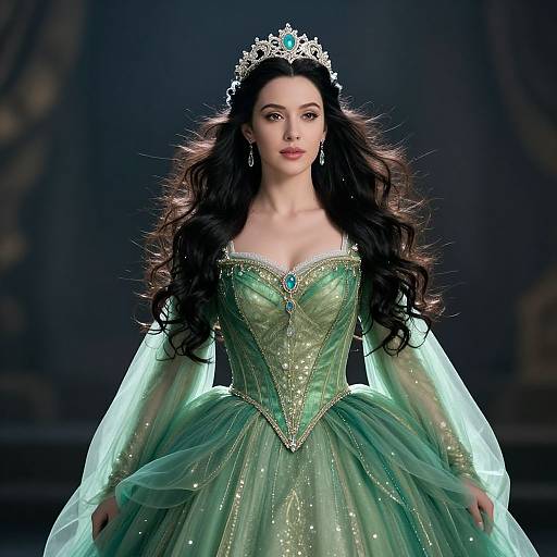 Photograph of a fair-skinned woman with long black hair, wearing an emerald green, strapless ball gown with sparkling details, and a silver