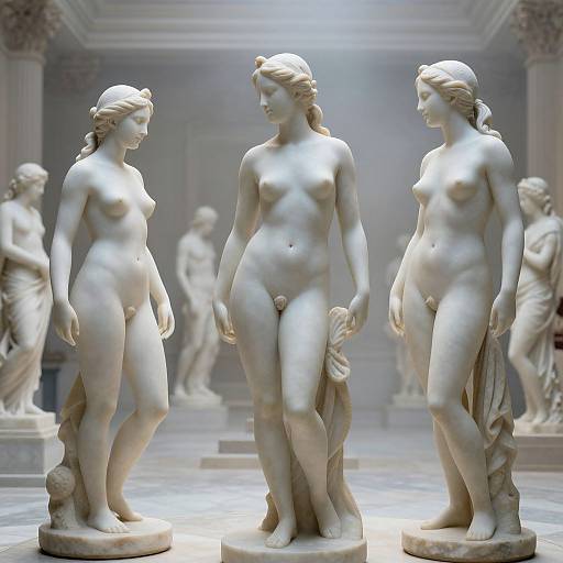 Photograph of three classical white marble statues of nude, gracefully posed women with delicate features, standing in an elegant, dimly lit museum gallery.