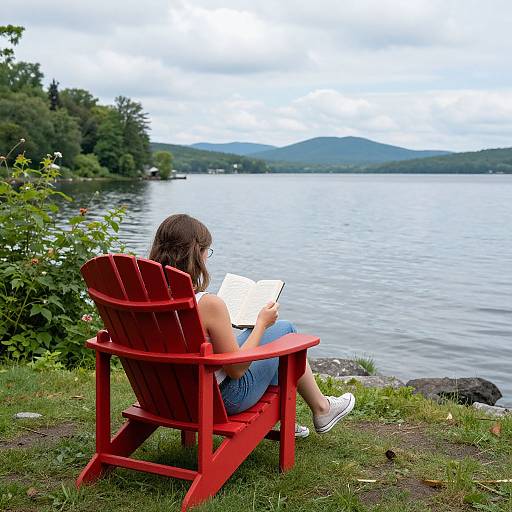 Photograph of a woman with brown hair, wearing glasses and white sneakers, reading a book on a red Adirondack chair by a calm lake