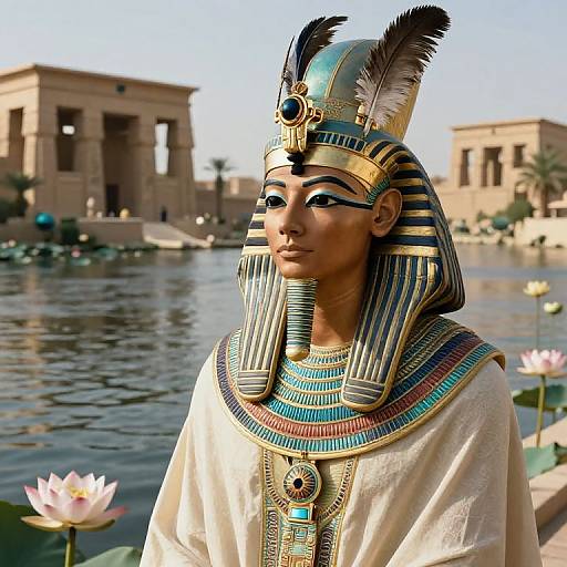 Digital artwork of an ancient Egyptian woman with blue and gold headdress, striped collar, and white robe, by a serene pond with lotus flowers and