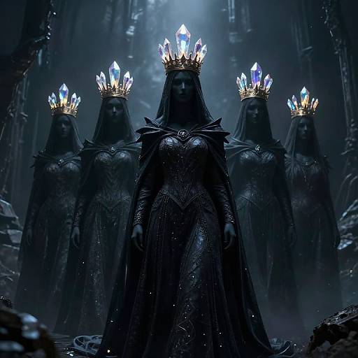 Digital artwork of four dark, robed, crown-wearing queens with glowing crystal crowns in a foggy, gothic cathedral. Ethereal,