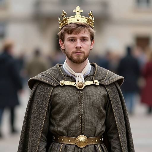 Photograph of a bearded man with brown hair, wearing a golden crown, medieval brown robe, and white shirt, standing in a blurred urban background