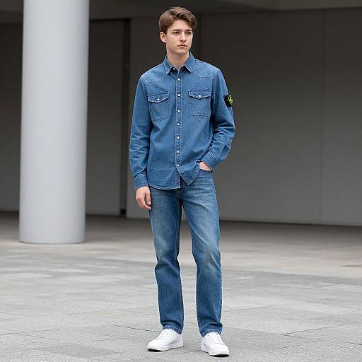 Photograph of a young man with short brown hair, wearing a blue denim shirt and pants, white sneakers, standing outdoors by a gray building with a