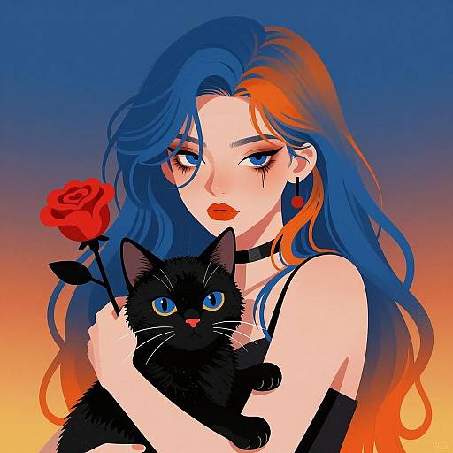 Woman with Blue and Orange Hair Holding Black Cat