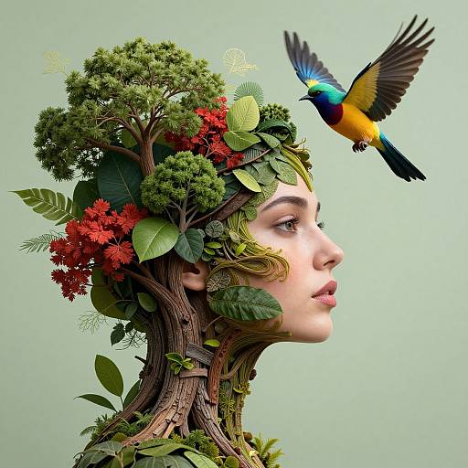 Digital art: A woman's profile merges with a tree, adorned with green leaves and red flowers, a colorful bird hovers above.