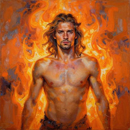 Digital painting of a muscular, shirtless man with long brown hair and intense expression, surrounded by vibrant orange flames.