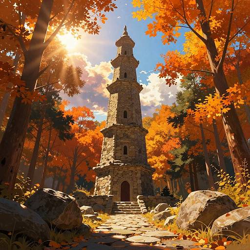 Sunlit Ancient Tower in Autumn Forest