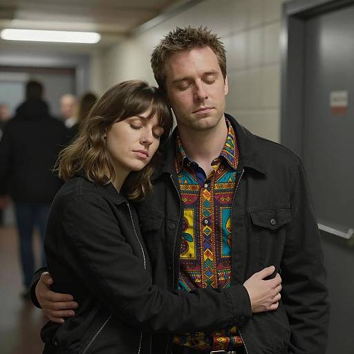 Couple Embracing in Indoor Hallway