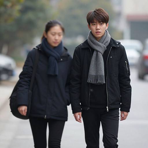 Photograph of two East Asian individuals walking on a rainy street, both wearing black jackets and gray scarves, blurred background.