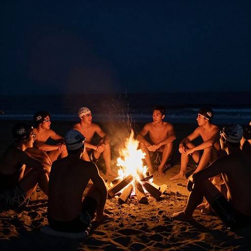 Male Swimmers Around Beach Bonfire