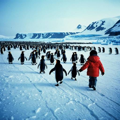 Child Walking Among Marching Penguins on Icy Terrain