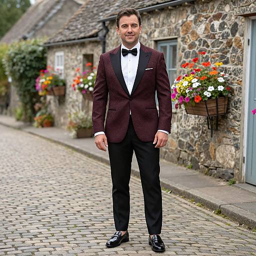 Photograph of a smiling man in a dark burgundy tuxedo, black bow tie, and black shoes, standing on a cobblestone street