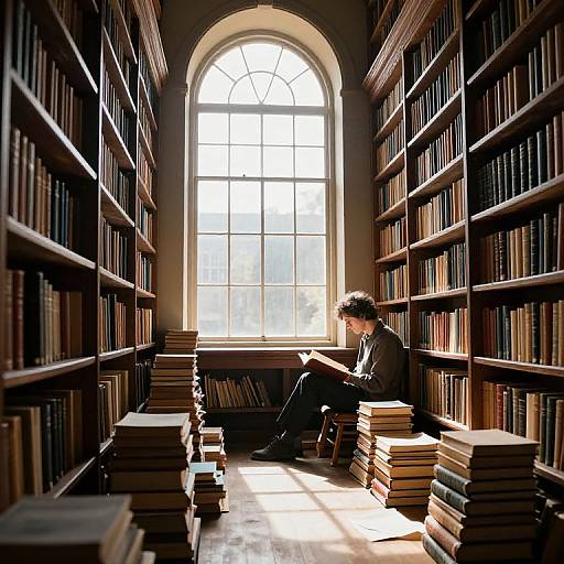 Photograph of a young man with dark hair, wearing a black shirt, sitting on stacks of books in a sunlit library, reading, surrounded by
