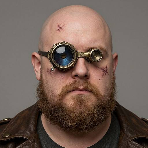 Photograph of a bald, bearded man with three red scars on his forehead, wearing steampunk goggles and a brown leather jacket.