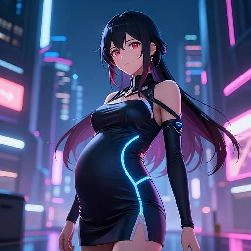 Digital anime artwork of a pregnant, black-haired, red-eyed woman in a tight black dress with neon blue accents, standing in a vibrant, neon-l