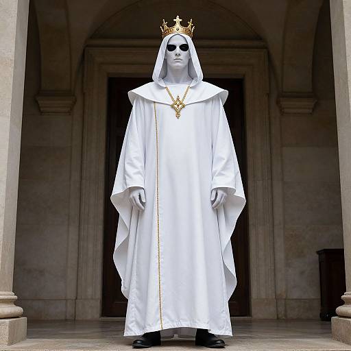 Photograph of a white-robed, silver-faced figure with a gold crown, black eyes, and a gold cross necklace, standing in a grand,