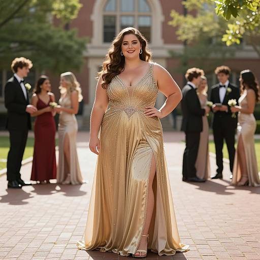 Confident Plus Size Woman in Gold Prom Dress