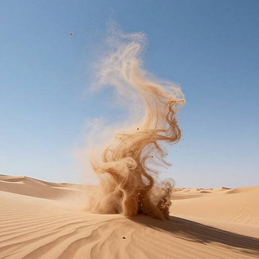 Photograph of a massive, swirling sand cloud erupting from a desert dune under a bright, clear blue sky.