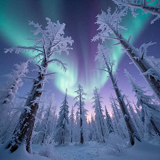 Photograph of a snow-covered forest at night with vibrant auroras in green, blue, and purple lighting tall, frosty trees.