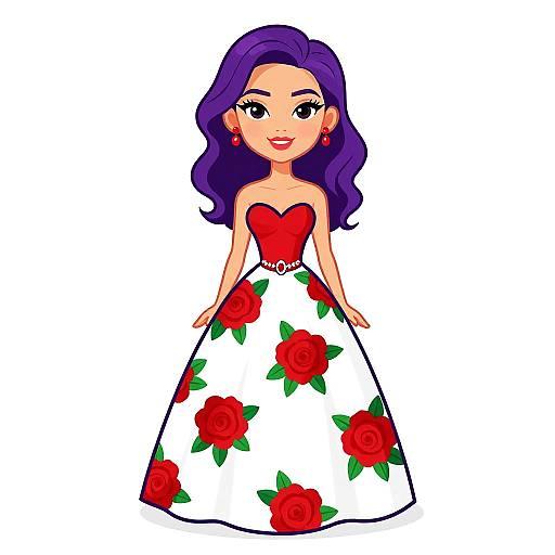 Digital illustration of a cartoon woman with purple hair, wearing a strapless red heart-top dress with white, red rose-patterned skirt, red earrings,