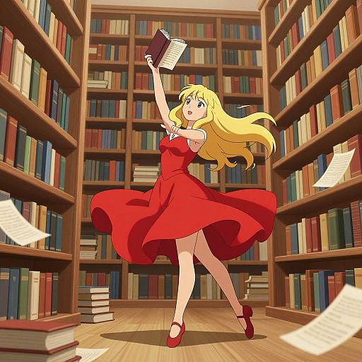 Anime-style drawing of a blonde woman in a flowing red dress and high heels, energetically reaching for a book in a colorful, wooden library with