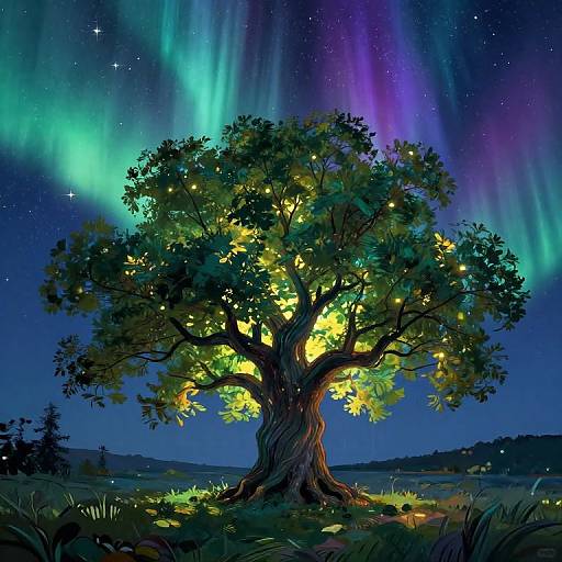 Digital artwork of a luminous tree under vibrant aurora borealis, glowing yellow lights among dark green foliage, against a starry, colorful night sky