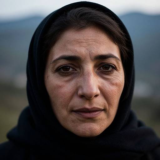 Photograph of a middle-aged woman with dark hair in a black headscarf, showing deep-set eyes and a serious expression, set against a blurred