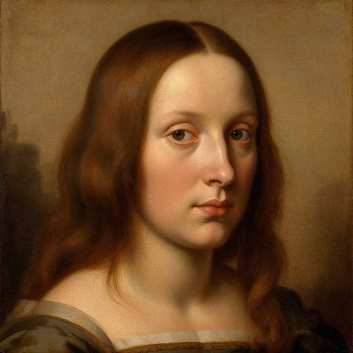 Digital painting of a young woman with fair skin, brown wavy hair, and soft brown eyes, wearing a simple dark dress. Classic portrait style with