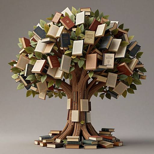 Photograph of a stylized tree made from books, with leaves as book pages, standing against a gray background. Books stack at its base, creating