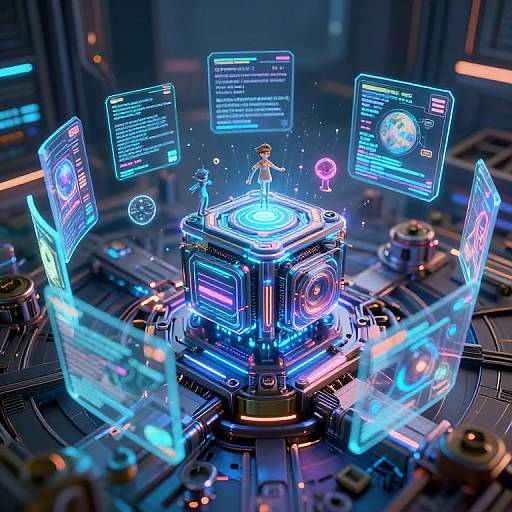 Digital CGI image of a futuristic, glowing cyber hub with holographic screens, neon blue and pink lights, and a central figure standing on a holographic