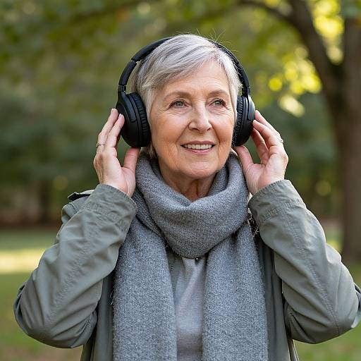 Photograph of an elderly woman with short gray hair, smiling, wearing headphones, a gray scarf, and green jacket, in a sunny park.