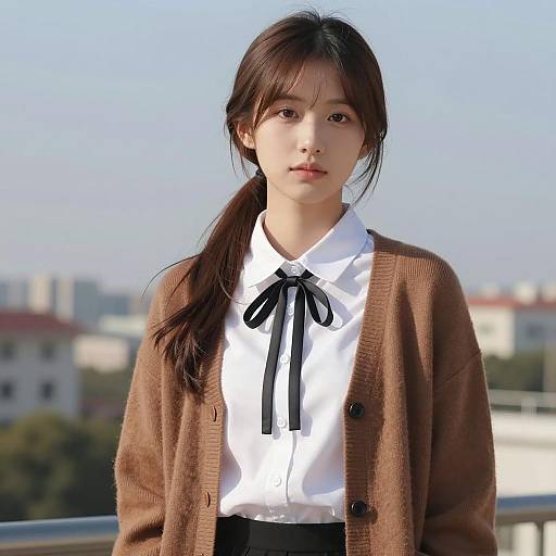 Young Woman in Brown Cardigan and White Blouse Outdoors