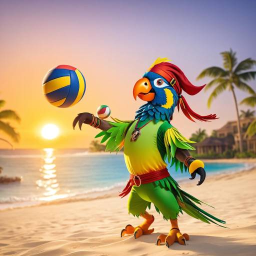 Pirate Parrot Playing Volleyball at Sunset