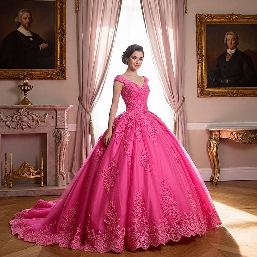 Photograph of a woman in a vibrant pink, lace-embellished ball gown, standing in an elegant room with gold-framed portraits and orn