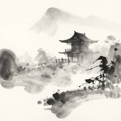 Black ink wash drawing of a traditional Japanese pagoda with misty, abstract surroundings, emphasizing minimalist, serene, and ethereal atmosphere.