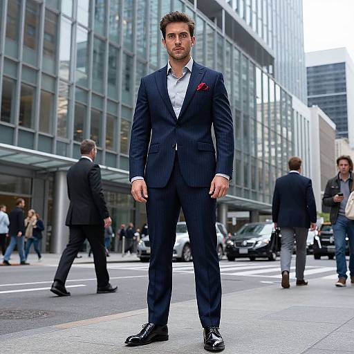 Photograph of a handsome, tall, dark-haired man in a navy pinstripe suit, white shirt, and red pocket square, standing confidently on
