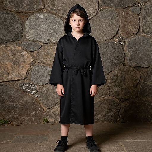 Photograph of a young boy with fair skin and brown hair, wearing a black hooded robe, standing against a textured stone wall.