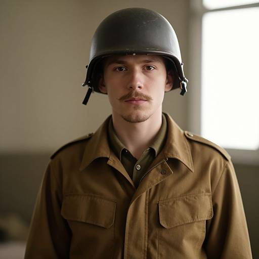 Photograph of a young, fair-skinned man with brown eyes, wearing a black WWII-style helmet and brown military uniform, looking serious against a softly