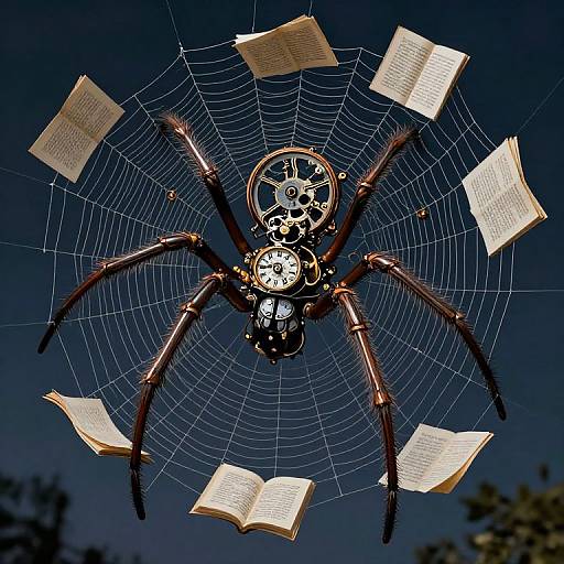 Photograph of a clockwork spider with gears, suspended in a web, holding open books against a dark blue sky.