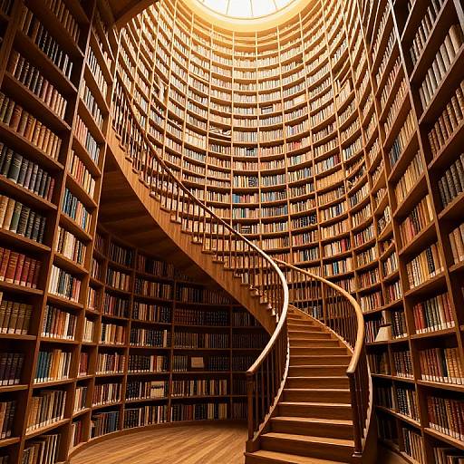 Photograph of a grand, circular library with a spiral wooden staircase ascending between towering shelves filled with colorful books. Warm, ambient light from a central sk